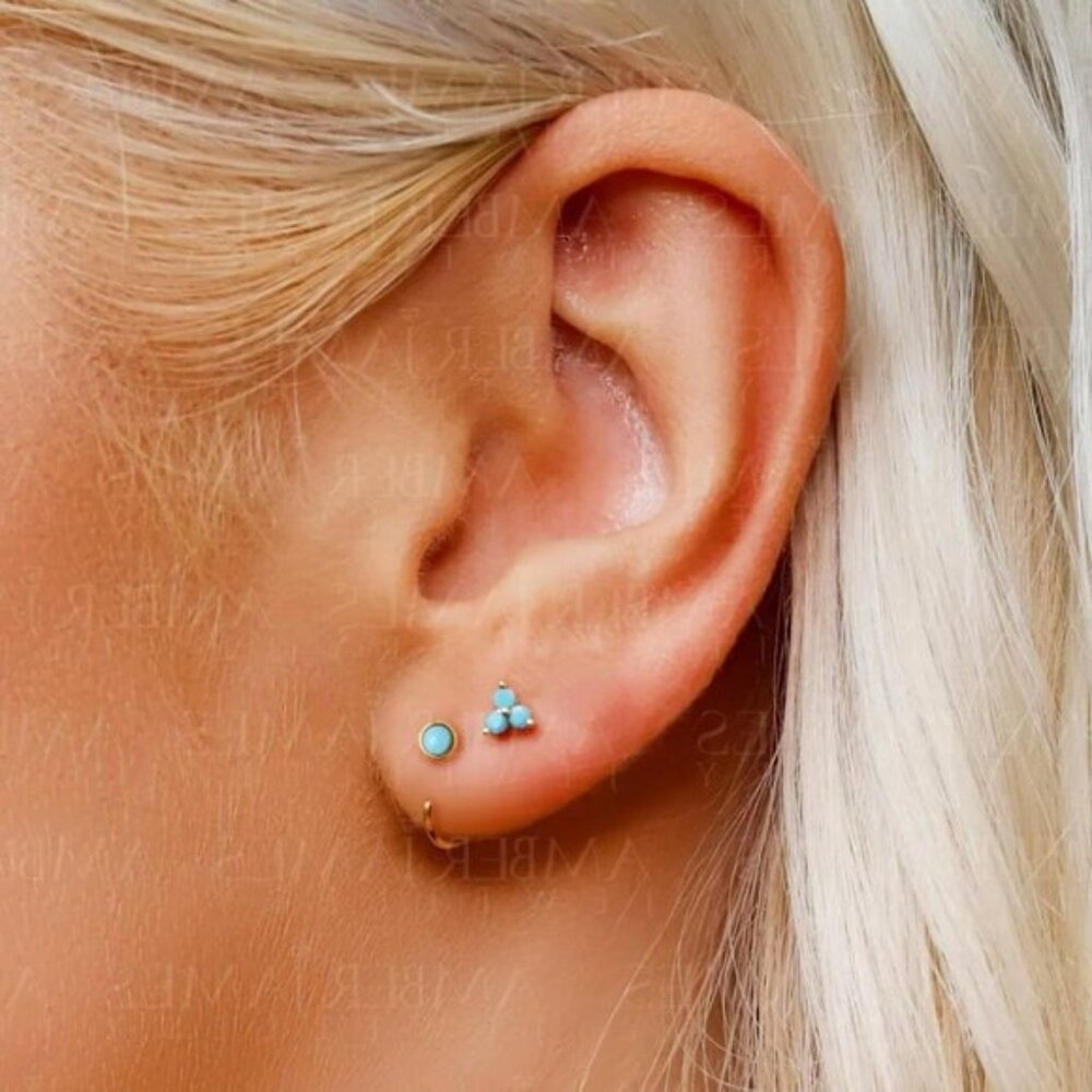 Turquoise Trio Stud Earrings December Birthstone Gold Cluster Dainty Studs - Picture 8 of 15